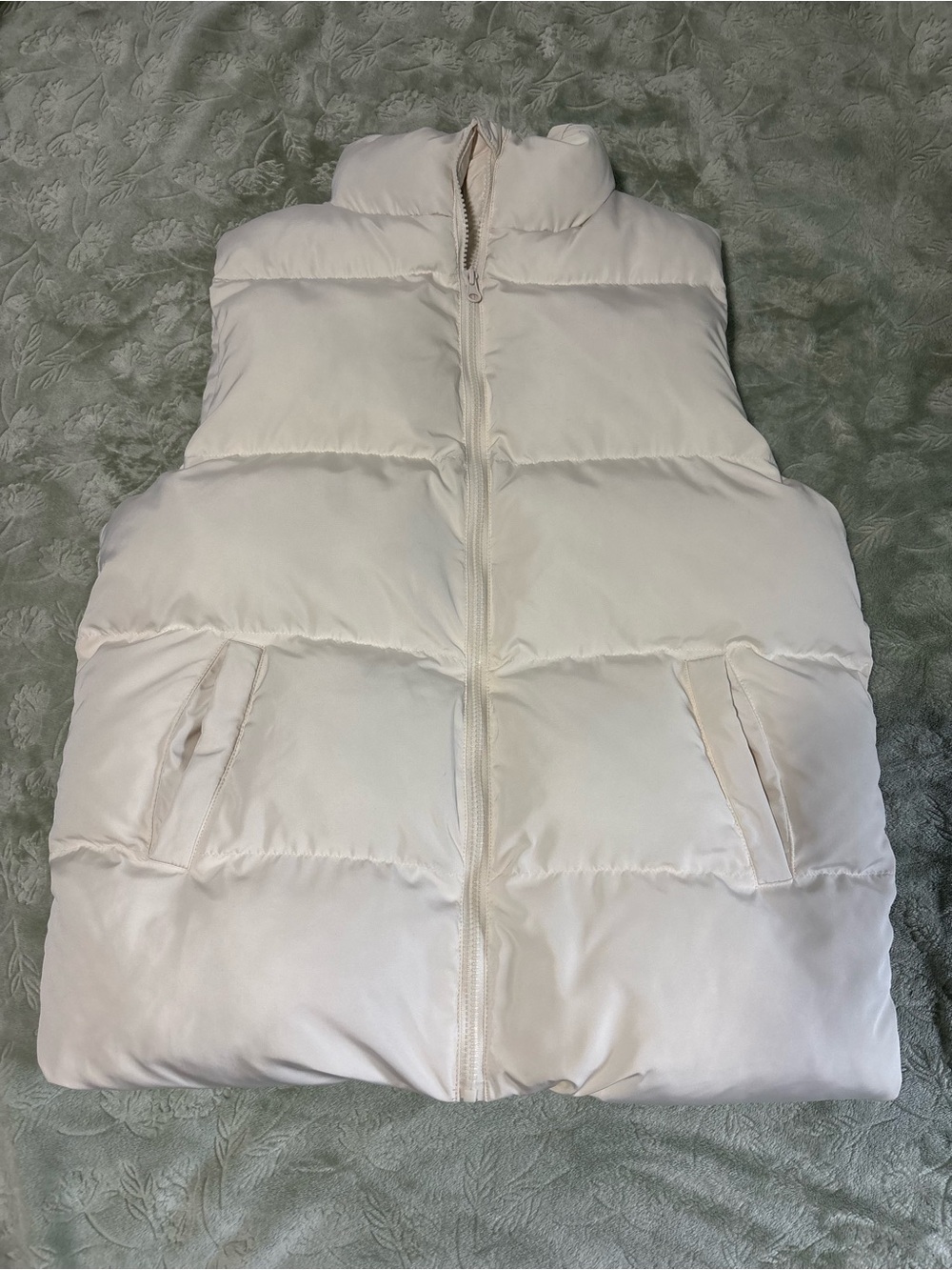 Women's Cream Quilted Puffer Vest with Stand Collar